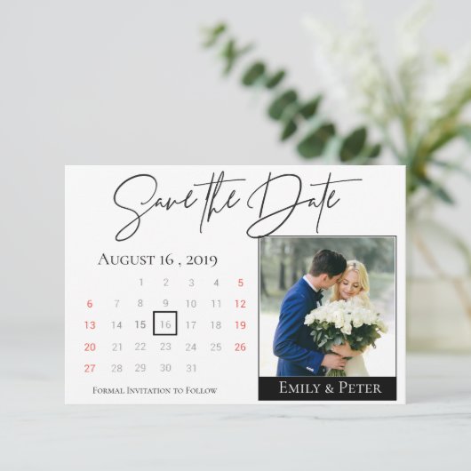 Elegant Black White Script Calendar Weduwfoto Save The Date (Staand voorkant)