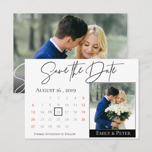 Elegant Black White Script Calendar Weduwfoto Save The Date (Voorkant / Achterkant)