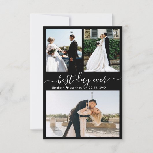 Elegant Black White Script Photo Collage Wedding Bedankkaart (Voorkant)