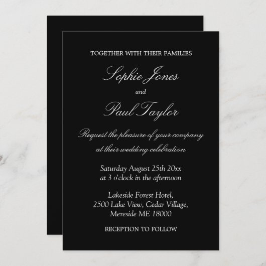 Elegant Black White Script Wedding Invitation Kaart (Voorkant / Achterkant)