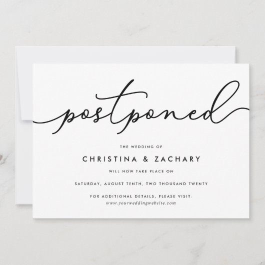 Elegant Black & White Script Wedding Postponement Aankondiging (Voorkant)
