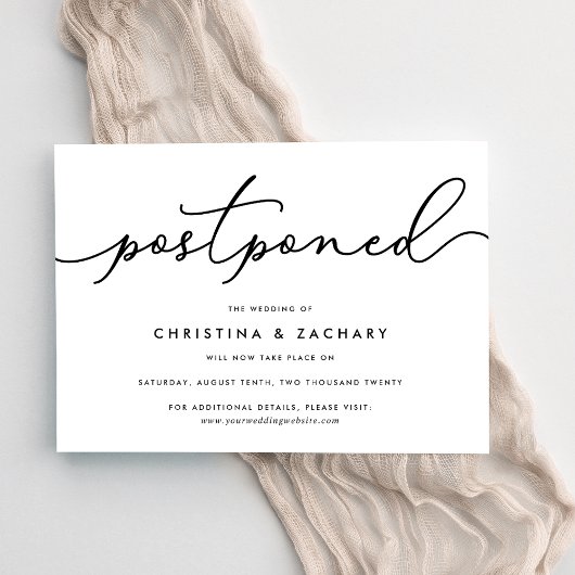 Elegant Black & White Script Wedding Postponement Aankondiging
