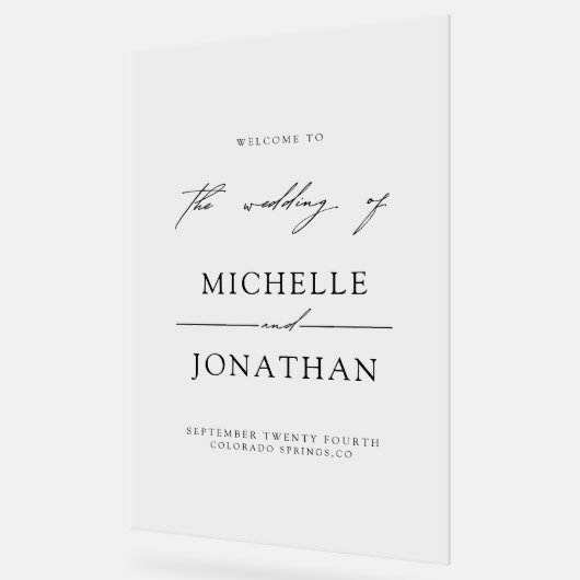 Elegant Black White Script Wedding Welcome  Acryl Bord (Hoek)