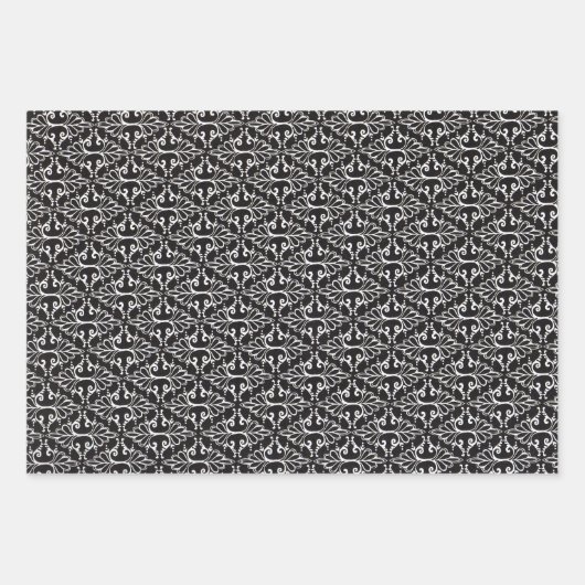 Elegant Black White Scrolled Damask Patroon Inpakpapier Vel (Voorkant)
