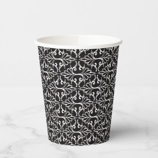 Elegant Black White Scrolled Damask Patroon Papieren Bekers (Links)