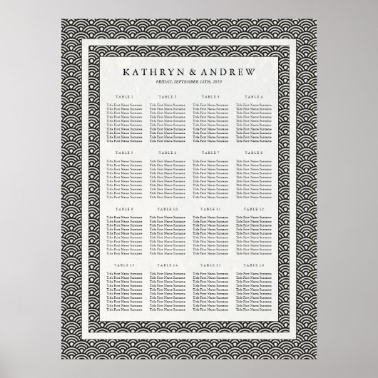 Elegant Black+White Seigaiha Wedding Seding Chart Poster (Voorkant)