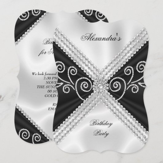 Elegant Black White Silk Jewel Birthday Party Kaart (Voorkant / Achterkant)