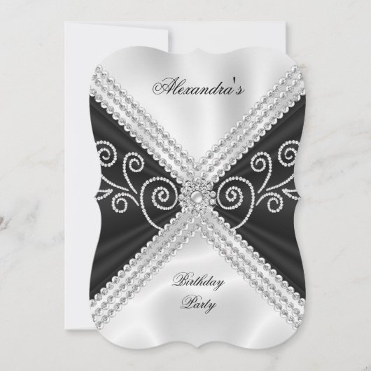 Elegant Black White Silk Jewel Birthday Party Kaart (Voorkant)