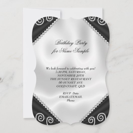 Elegant Black White Silk Jewel Birthday Party Kaart (Achterkant)