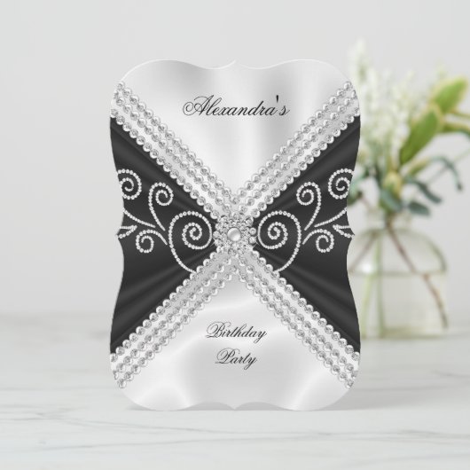 Elegant Black White Silk Jewel Birthday Party Kaart (Staand voorkant)