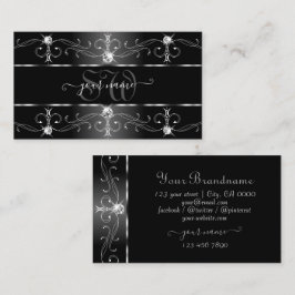 Elegant Black White Silver  Borders Monogram Visitekaartje