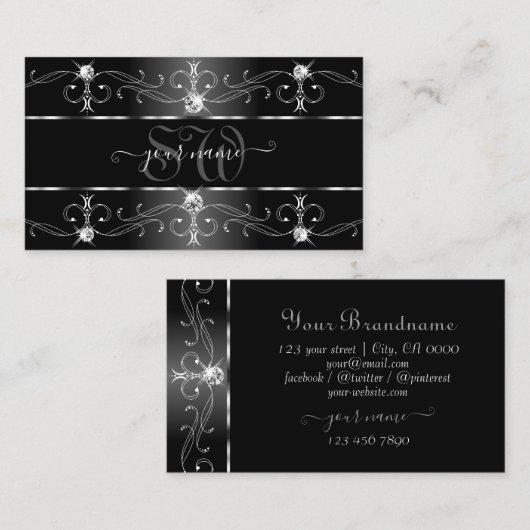 Elegant Black White Silver Borders Monogram Visitekaartje (Voorkant / Achterkant)