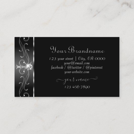 Elegant Black White Silver  Borders Monogram Visitekaartje (Achterkant)