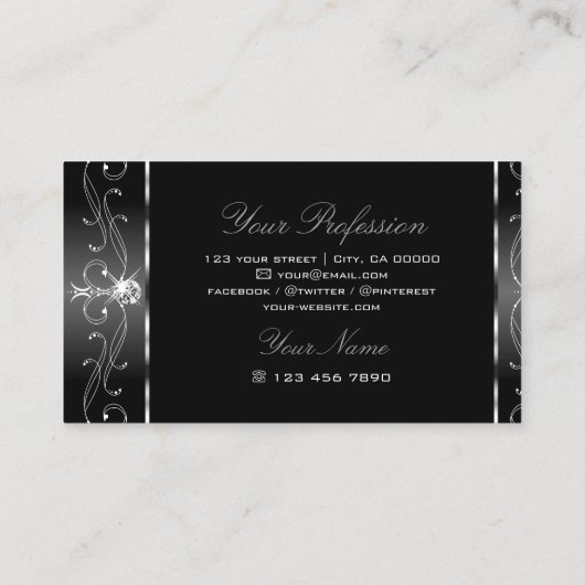 Elegant Black White Silver  Borders Stijlvol Visitekaartje (Achterkant)