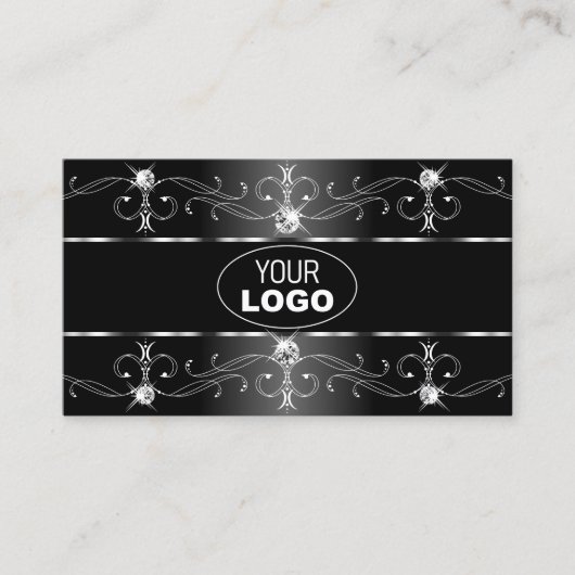 Elegant Black White Silver  grenzen toevoegen Logo Visitekaartje (Voorkant)