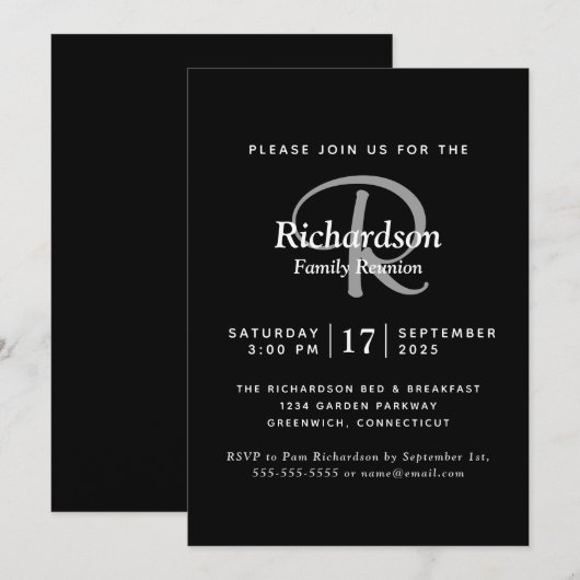 Elegant Black White Silver Monogram Family Reunion Kaart (Voorkant / Achterkant)