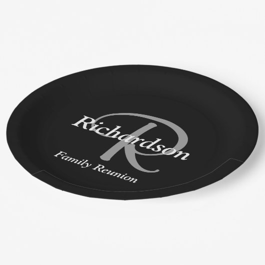 Elegant Black White Silver Monogram Family Reunion Papieren Bordje (Gekanteld)