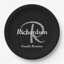 Elegant Black White Silver Monogram Family Reunion Papieren Bordje