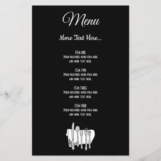 Elegant Black White Silverware Editable Menu Flyer (Voorkant)