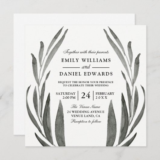 Elegant Black & White Simple Leaf Wedding Wreating Kaart (Voorkant / Achterkant)