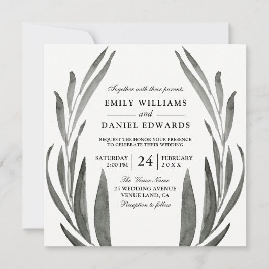 Elegant Black & White Simple Leaf Wedding Wreating Kaart (Voorkant)