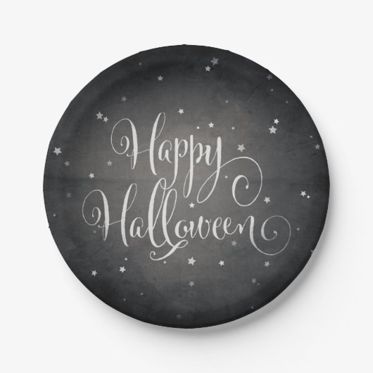 Elegant Black + White Stars Happy Halloween Party Papieren Bordje (Voorkant)