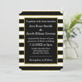 Elegant Black+White Stripe & Gold Sparkle Wedding Kaart (Staand voorkant)