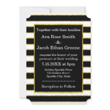 Elegant Black+White Stripe & Gold Sparkle Wedding