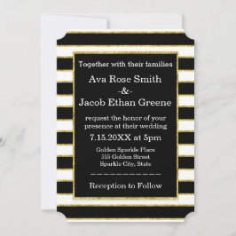 Elegant Black+White Stripe & Gold Sparkle Wedding Kaart