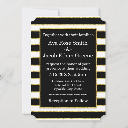 Elegant Black+White Stripe & Gold Sparkle Wedding Kaart (Voorkant)