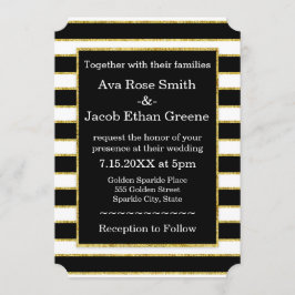 Elegant Black+White Stripe & Gold Sparkle Wedding Kaart