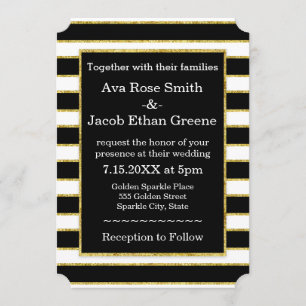 Elegant Black+White Stripe & Gold Sparkle Wedding Kaart