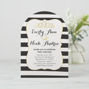 Elegant Black & White Stripe met Gold Wedding Kaart