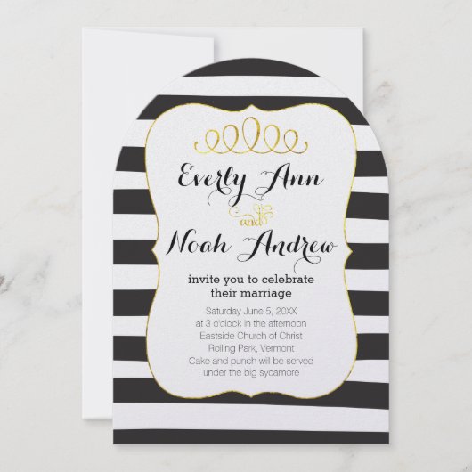 Elegant Black & White Stripe met Gold Wedding Kaart (Voorkant)