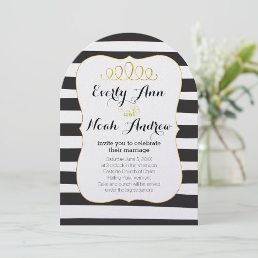 Elegant Black & White Stripe met Gold Wedding Kaart (Staand voorkant)