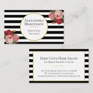 Elegant Black White Stripe  Rozen Floral Visitekaartje