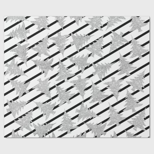 Elegant Black White Stripe Silver-kerstboom Cadeaupapier (Vlak)
