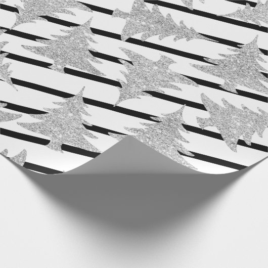 Elegant Black White Stripe Silver-kerstboom Cadeaupapier (Hoek)