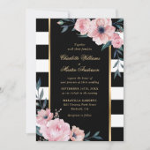 Elegant Black White Striped Pink Floral Wedding Kaart (Voorkant)