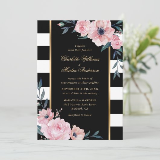Elegant Black White Striped Pink Floral Wedding Kaart (Staand voorkant)