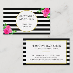 Elegant Black White Striped Pink Waterverf Floral Visitekaartje
