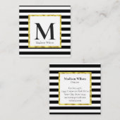 Elegant Black White Stripes Gold Border Monogamr Vierkante Visitekaartje (Voorkant / Achterkant)