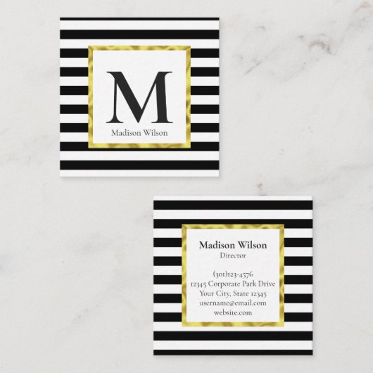 Elegant Black White Stripes Gold Border Monogamr Vierkante Visitekaartje (Voorkant / Achterkant)
