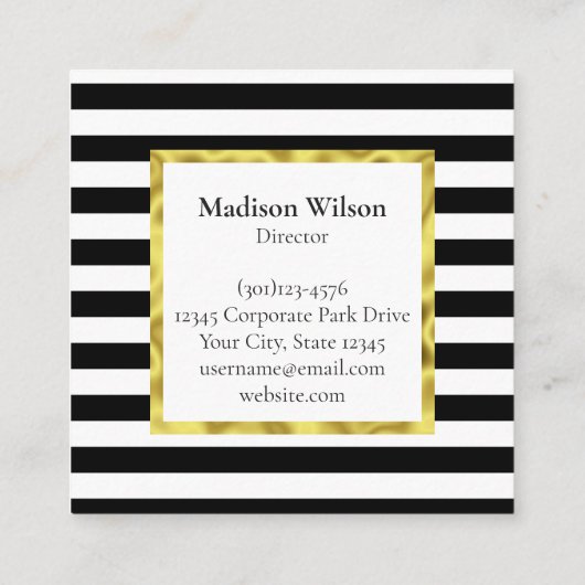 Elegant Black White Stripes Gold Border Monogamr Vierkante Visitekaartje (Achterkant)