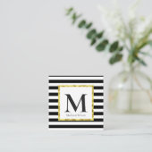 Elegant Black White Stripes Gold Border Monogamr Vierkante Visitekaartje (Staand voorkant)