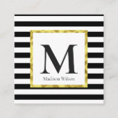 Elegant Black White Stripes Gold Border Monogamr Vierkante Visitekaartje (Voorkant)