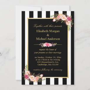 Elegant Black White Stripes Gold Floral Wedding Kaart