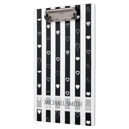 Elegant Black White Stripes Modern Heart Pattern Klembord (Links)