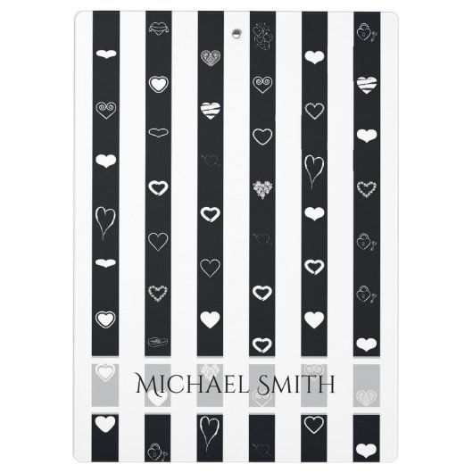 Elegant Black White Stripes Modern Heart Pattern Klembord (Achterkant)
