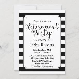 Elegant Black & White Stripes Retirement Party Kaart